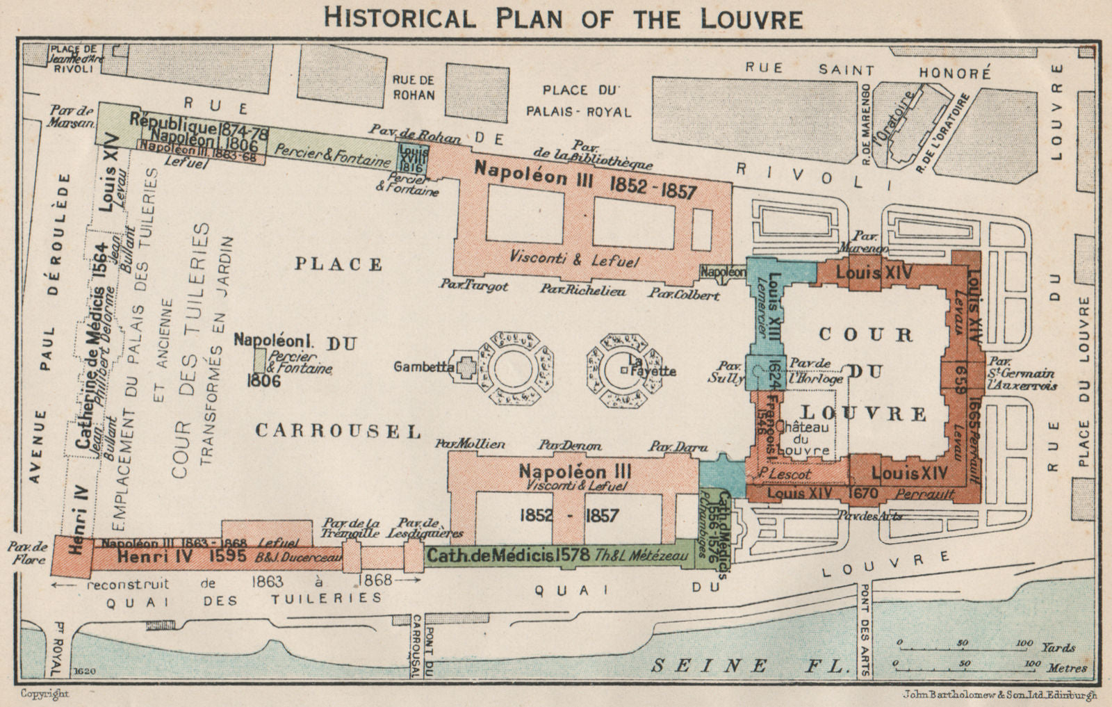 LOUVRE. Showing historical development 1578-1878. Vintage map plan. Paris 1927